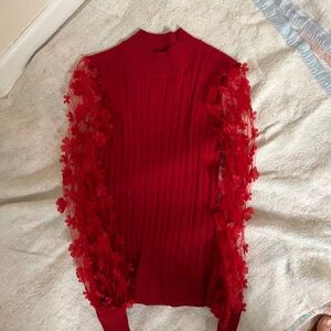 Red Sweater with Floral Lace Sleeves